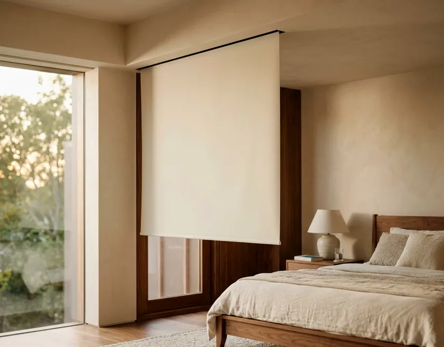 Roller blind dropping from a concealed ceiling recess in a bedroom, with no visible headbox