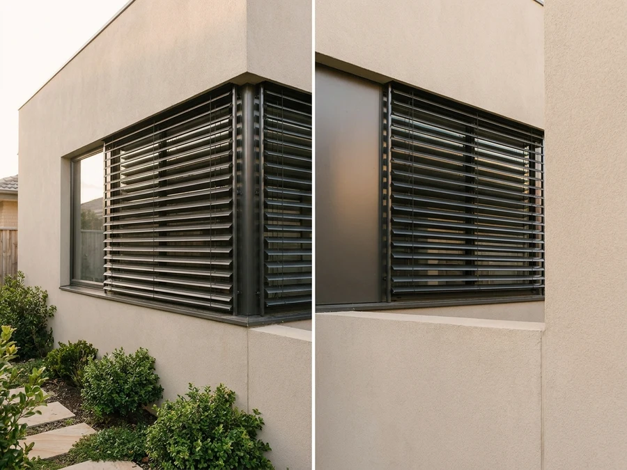 Aluminium external venetian blinds fitted outside a kitchen window, slats tilted for shade in soft morning light