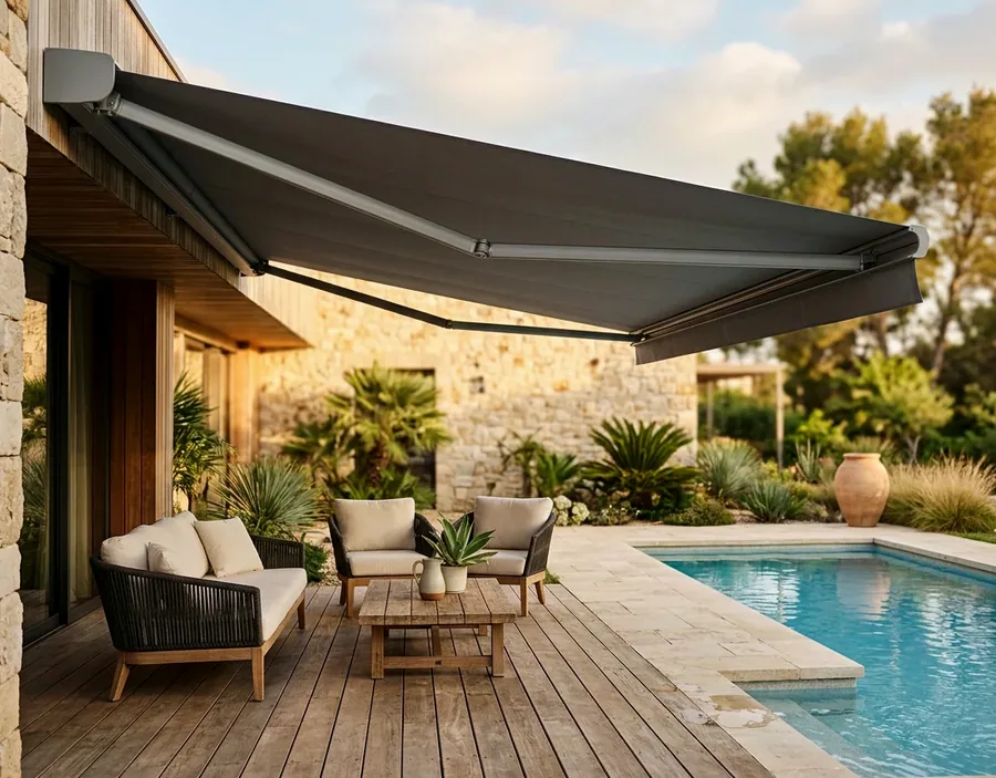 Folding-arm awning extended over a poolside patio on its articulated arms