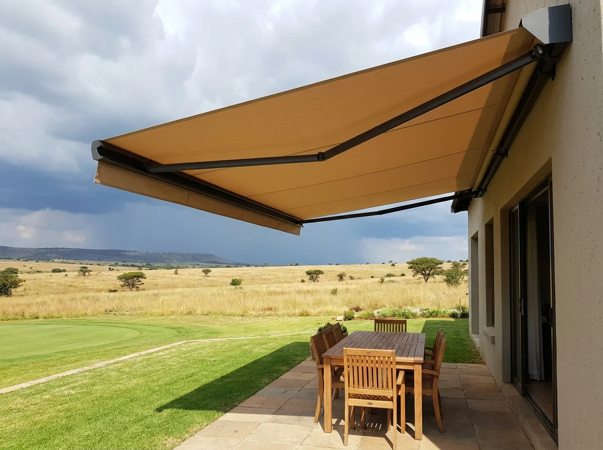 Folding-arm awning extended over a paved patio at an Eye of Africa home, no posts on the paving, with the fairway and open veld beyond and a storm building on the horizon