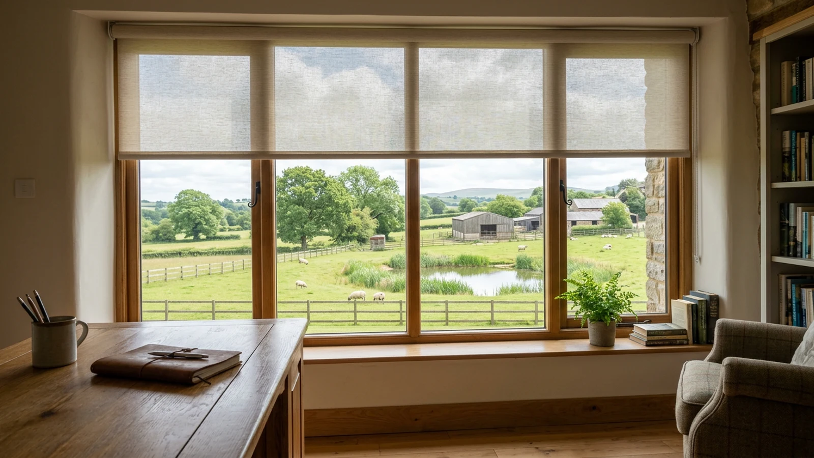 Sunscreen roller blind lowered halfway across a home-study window, open smallholding paddocks and a small dam beyond