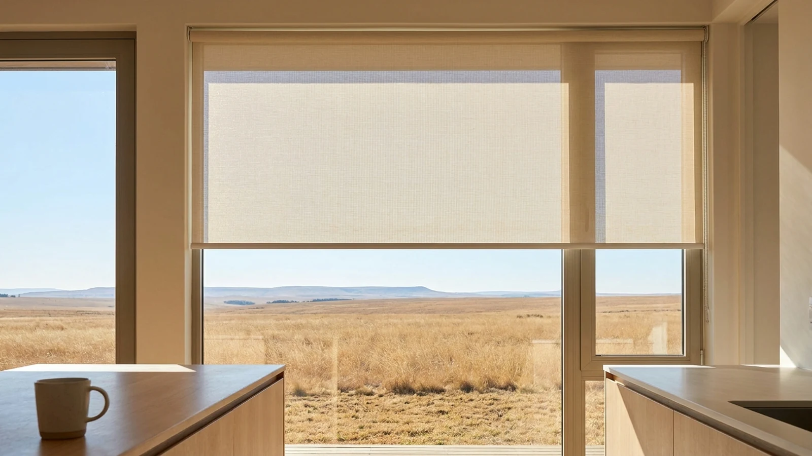 Sunscreen roller blind lowered halfway across a bright kitchen window, flat Meyerton grassland stretching to a low horizon beyond