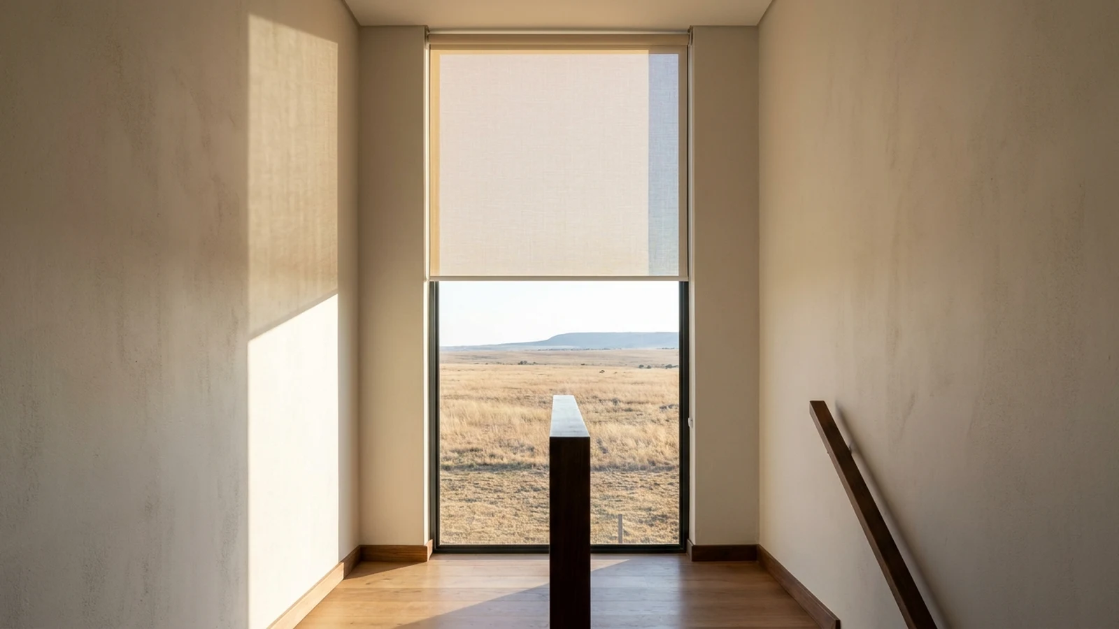 Sunscreen roller blind lowered halfway across a stairway-landing window, crisp morning light and an open veld visible beyond