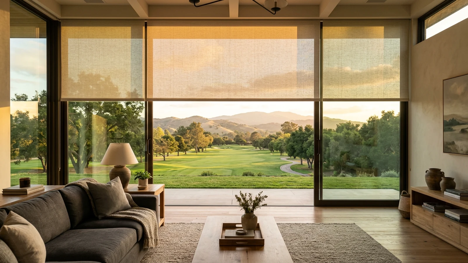 Sunscreen roller blind lowered halfway across a wide family-room glass wall, golden-hour light and distant hills beyond