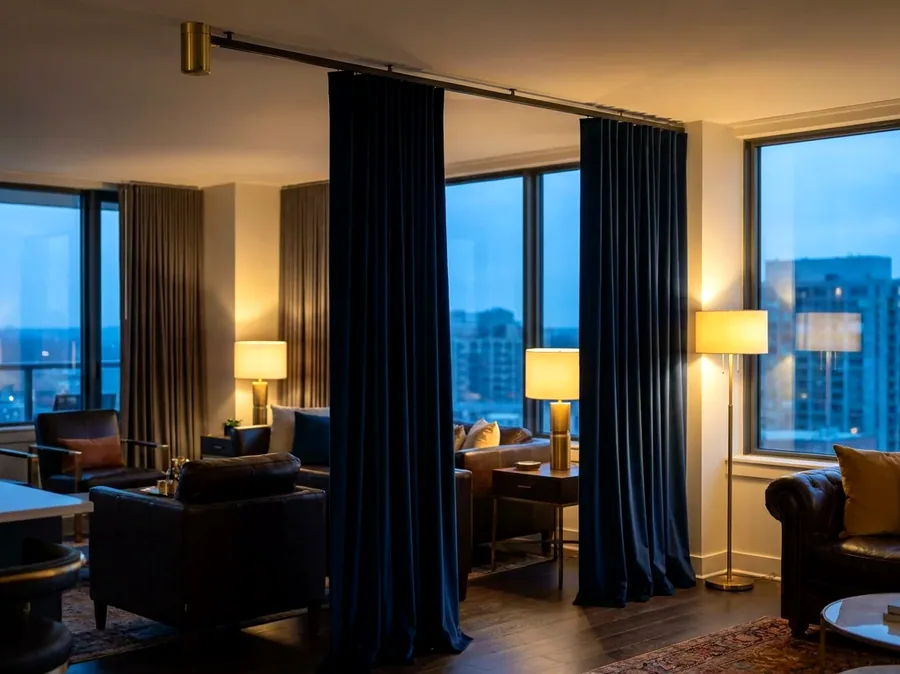 Curtains drawn along a motorised ceiling track across a wide window wall