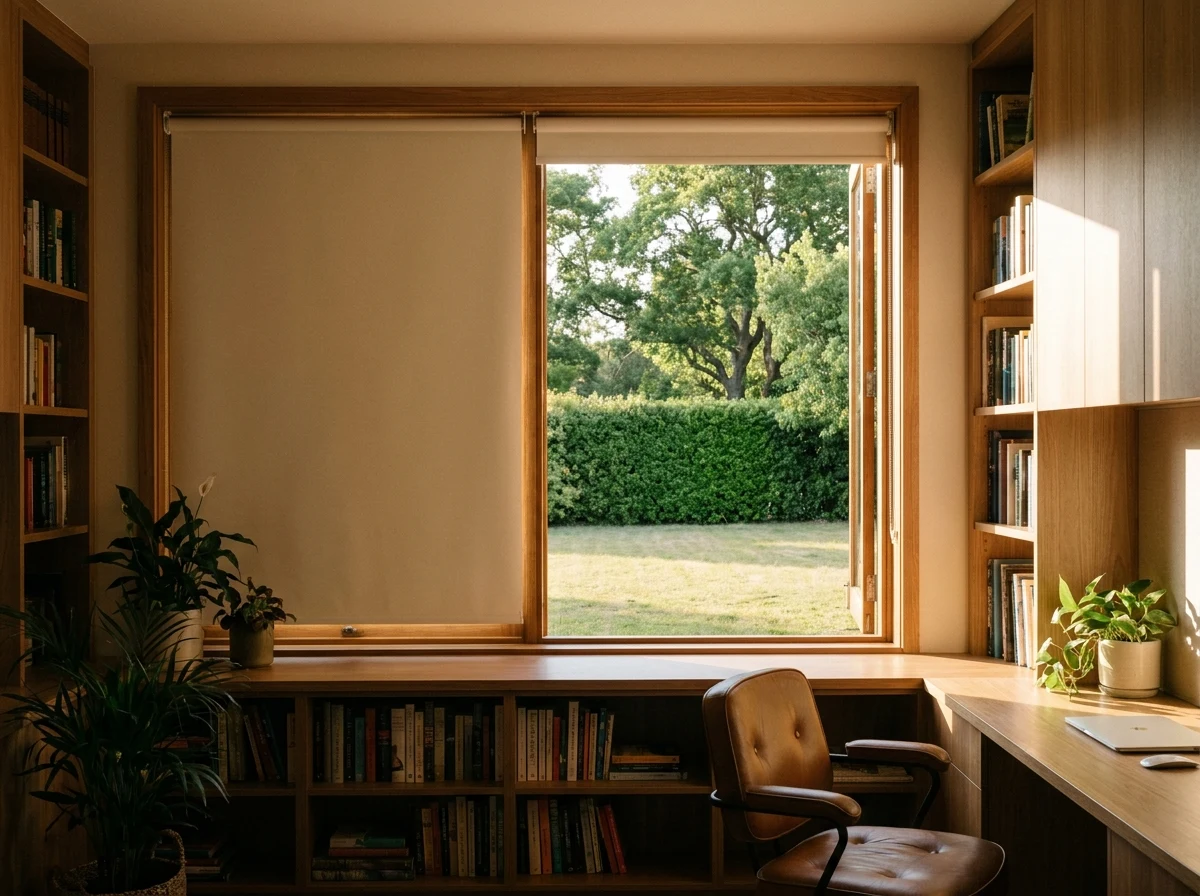 Home study with two cream blockout roller blinds across a wide window, one lowered and one raised onto an open lawn