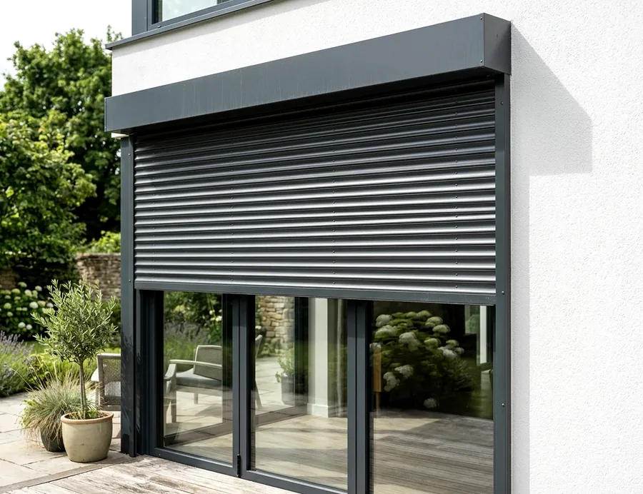 External aluminium roller shutter half-lowered over sliding doors for shade — rigid slats outside the glass