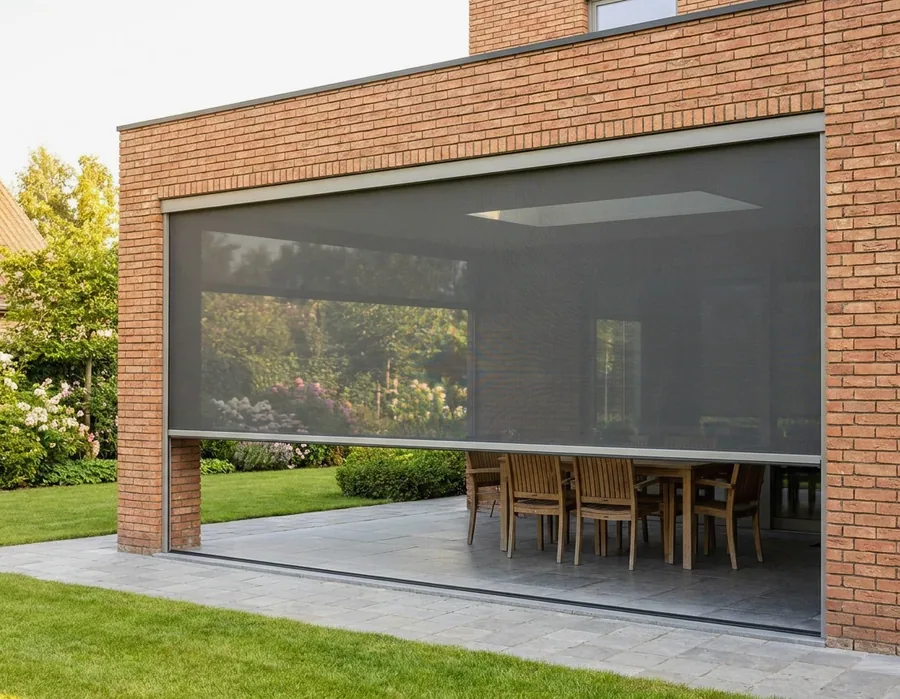 Zip screen mesh tensioned in side channels across a covered patio opening